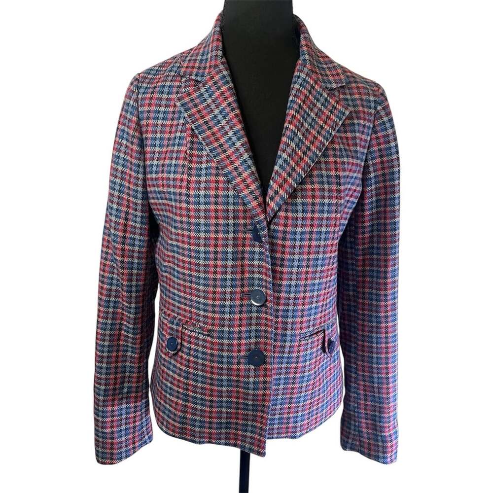 Jones New York Sport Lined Wool Blend Plaid Tweed Blazer Sz S Pink Red Blue